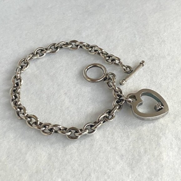 Solid Sterling Silver 925 UD Diamond Chip Heart Charm Cable Chain Bracelet 7.25" - Picture 4 of 16